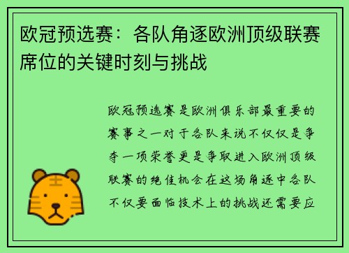 欧冠预选赛：各队角逐欧洲顶级联赛席位的关键时刻与挑战