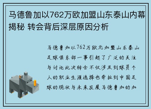 马德鲁加以762万欧加盟山东泰山内幕揭秘 转会背后深层原因分析
